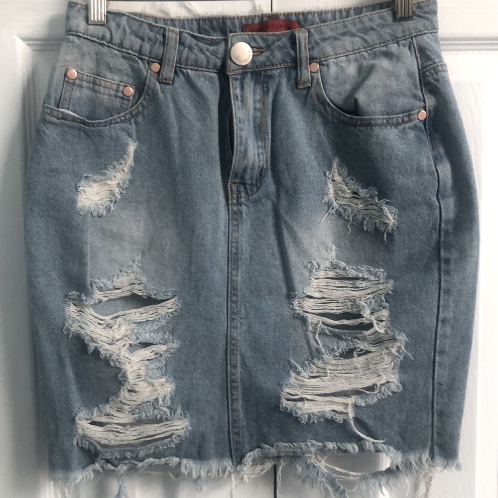 Signature 8 Ripped Distressed Blue Wash Denim Mini Skirt, Size Medium